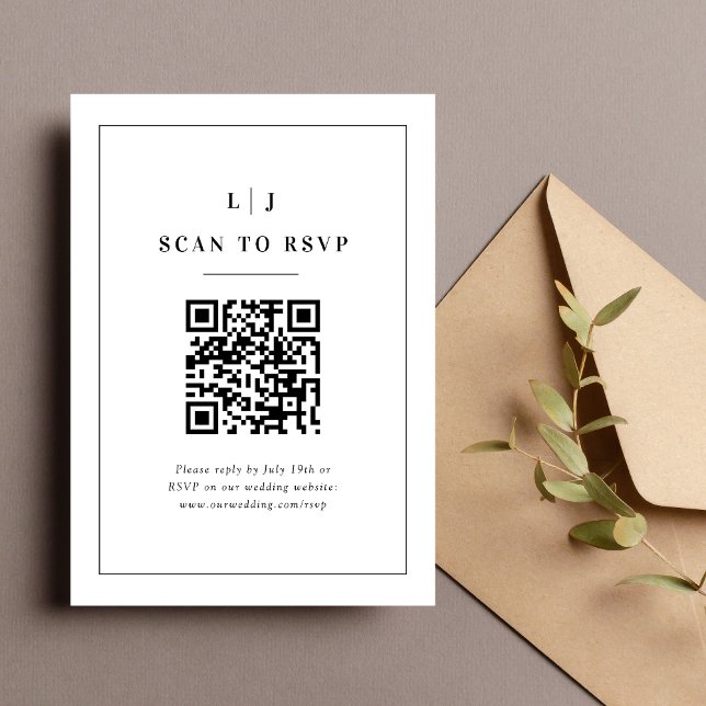 Elegant Initials Black and White Wedding QR Code RSVP Card (Creator Uploaded)
