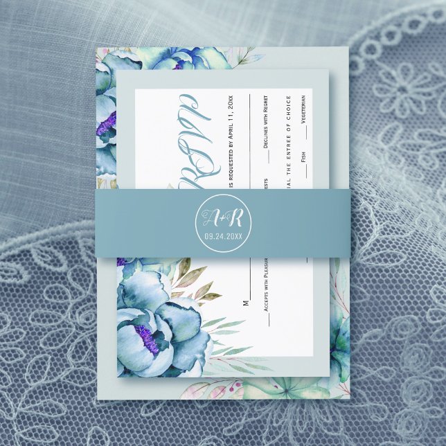 Elegant initials blue and mint green wedding invitation belly band (Creator Uploaded)