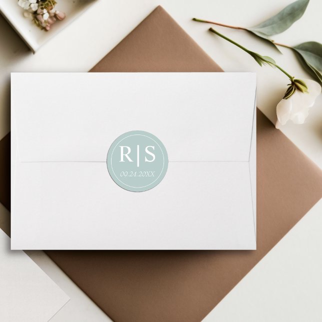 Elegant initials bluish opal wedding classic round sticker (Creator Uploaded)