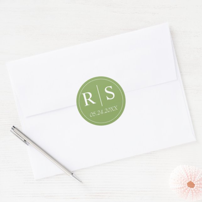 Elegant initials green wedding classic round sticker (Envelope)