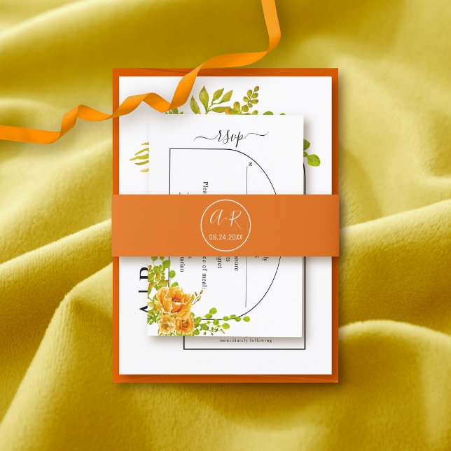 Elegant initials orange fall wedding invitation belly band (Creator Uploaded)
