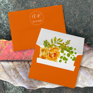 Elegant initials orange flowers fall wedding envelope