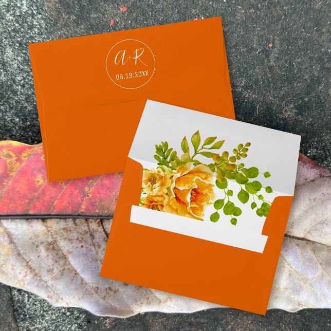 Elegant initials orange flowers fall wedding envelope (Creator Uploaded)