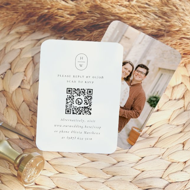 Elegant Initials Photo QR Code Wedding RSVP Enclosure Card (Card Front & Back Mock-up)