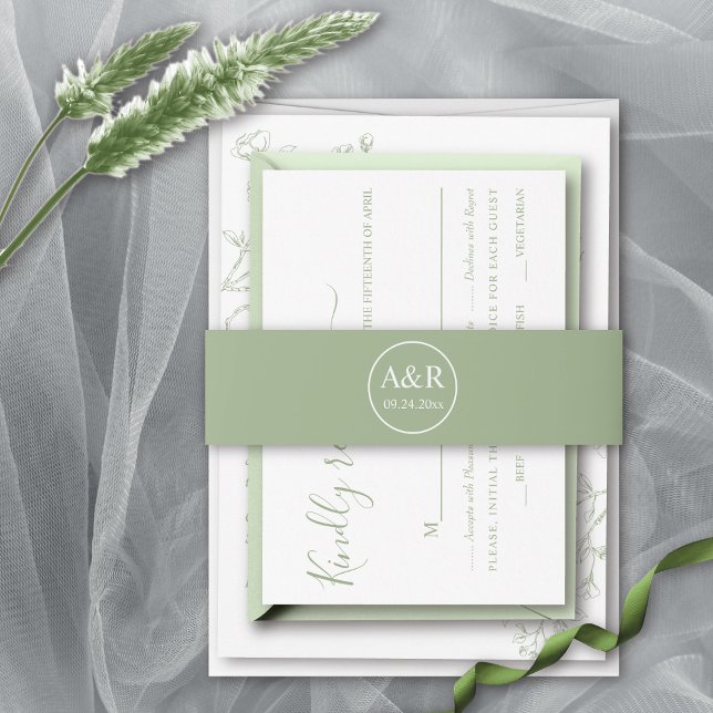 Elegant initials sage green spring wedding invitation belly band (Creator Uploaded)
