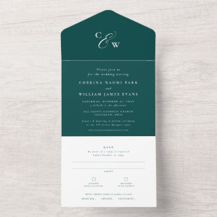 Elegant initials simple dark teal wedding all in one invitation