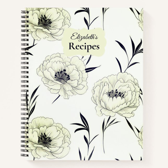 Elegant Ink Sketch Peony Floral Notebook (Front)