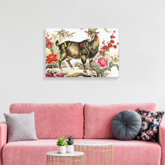 Elegant Ink Wash Goat with Floral Asian Art Canvas Print