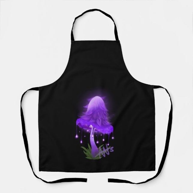 Elegant Inky Cap Glowing Purple Mushroom Black Apron (Front)