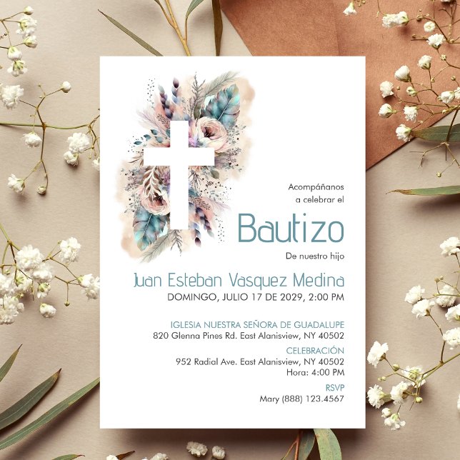Elegant Invitacion Bautizo White Flowers Baptism Invitation (Creator Uploaded)