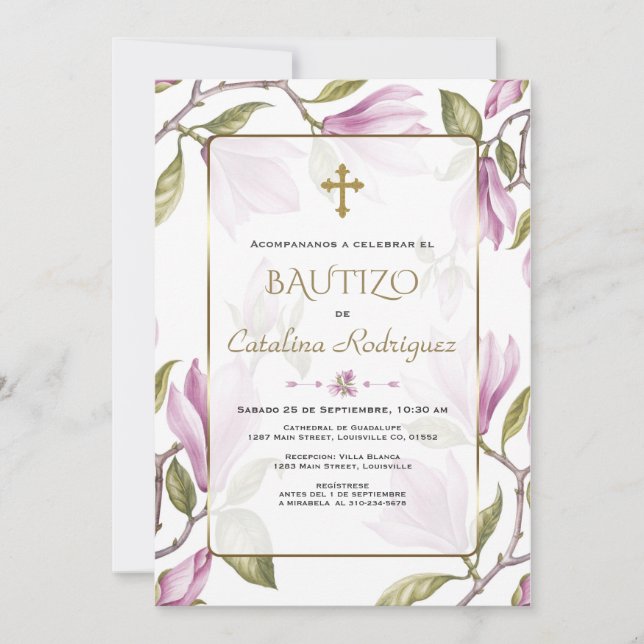 Elegant Invitacion De Bautizo Con Flores Baptism Invitation (Front)