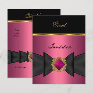 Elegant Invitation Pink Black Gold Bow Jewel