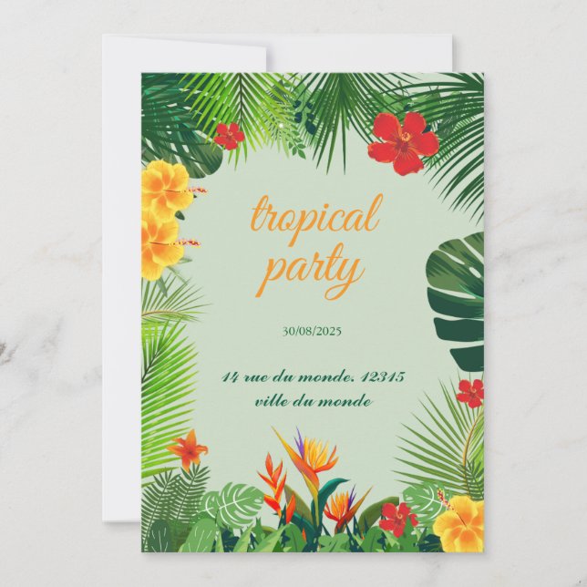 Elegant invitation with a tropical theme in bright (Front)