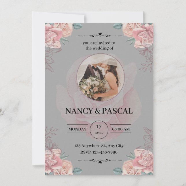 Elegant invitation with grey watercolors and flowe (Front)