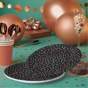 Elegant Iridescent Glitter Dots Black Design Paper Plate