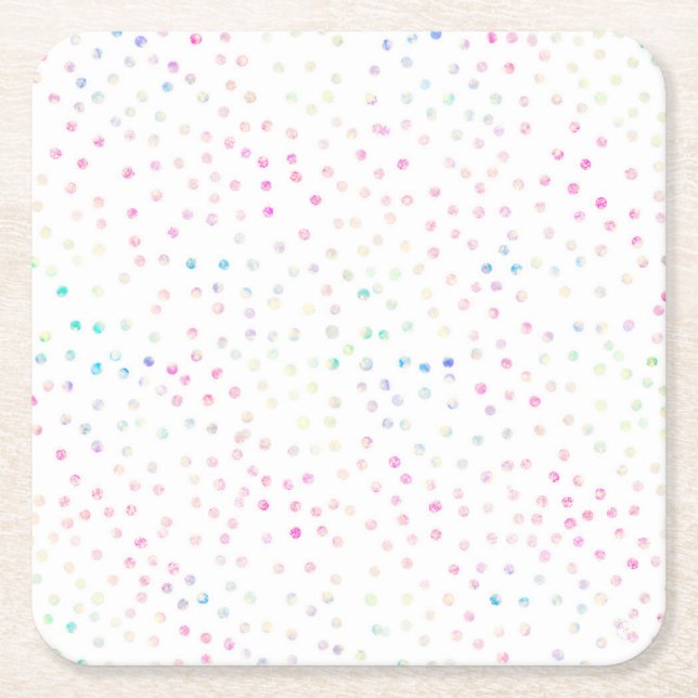 Elegant Iridescent Glitter Dots White Design Square Paper Coaster (Front)