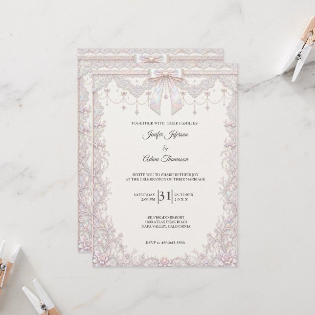 Elegant Iridescent Lace Bow Wedding Invitation (Front/Back In Situ)