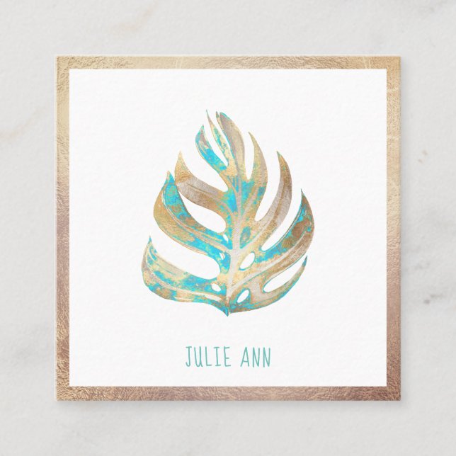 Elegant Iridescent Monstera Leaves, Turquoise+Gold Square Business Card (Front)