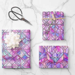 Elegant Iridescent Pink Faux Stained Glass Pattern Wrapping Paper Sheet