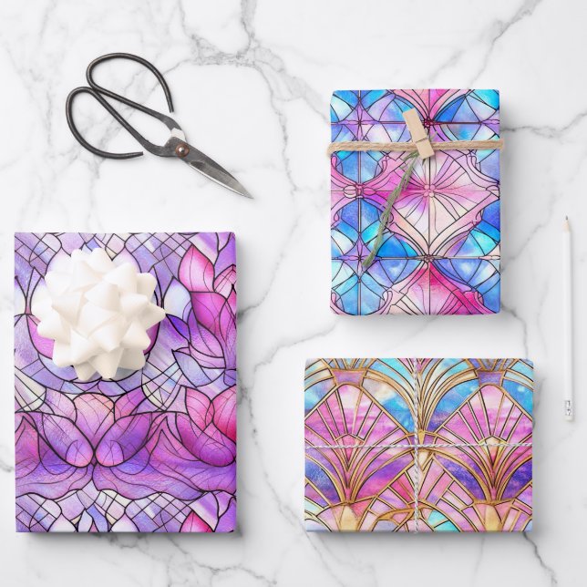Elegant Iridescent Pink Faux Stained Glass Pattern Wrapping Paper Sheet (Front)