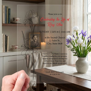 Elegant Iris "Celebrating the Life" Funeral Acrylic Invitations