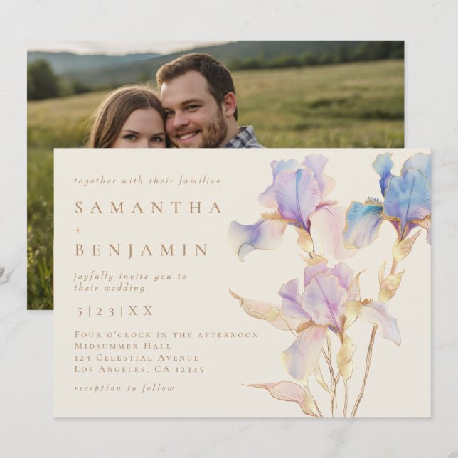Elegant Iris Floral Photo Wedding Invitation (Front/Back)