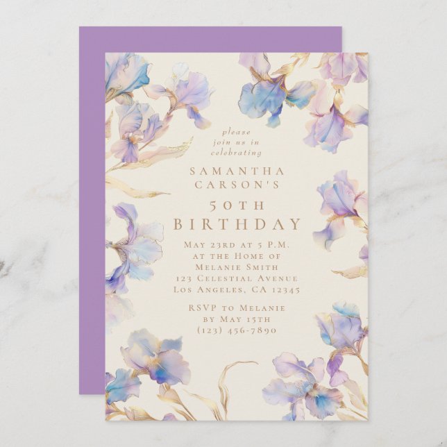 Elegant Iris Floral Watercolor Birthday Party Invitation (Front/Back)