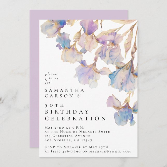 Elegant Iris Floral Watercolor Birthday Party Invitation (Front/Back)
