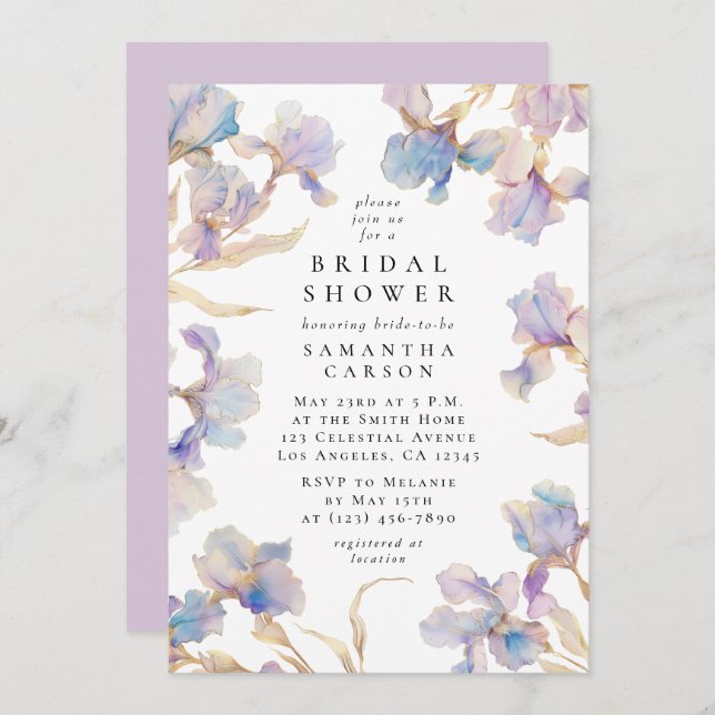 Elegant Iris Floral Watercolor Bridal Shower Invitation (Front/Back)