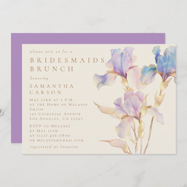 Elegant Iris Floral Watercolor Bridesmaids Brunch Invitation (Front/Back)