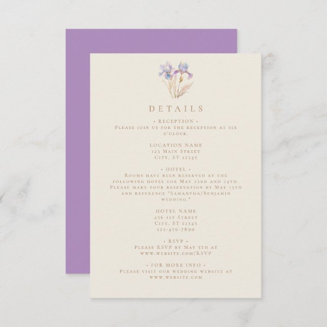Elegant Iris Floral Wedding Enclosure Card (Front/Back)
