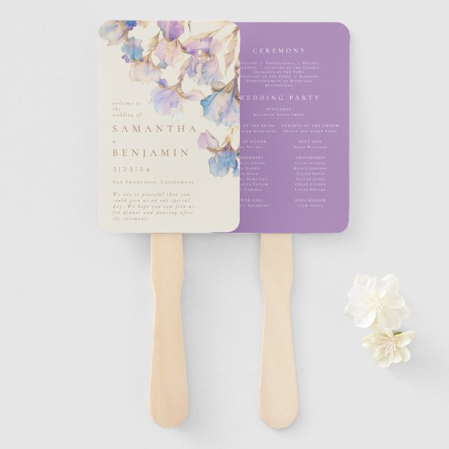 Elegant Iris Floral Wedding Program Hand Fan (Front and Back)