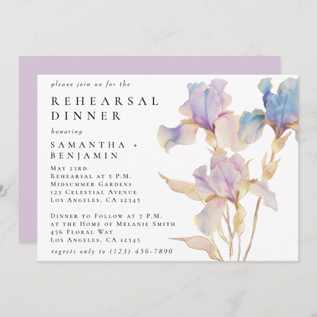 Elegant Iris Floral Wedding Rehearsal Dinner Invitation (Front/Back)