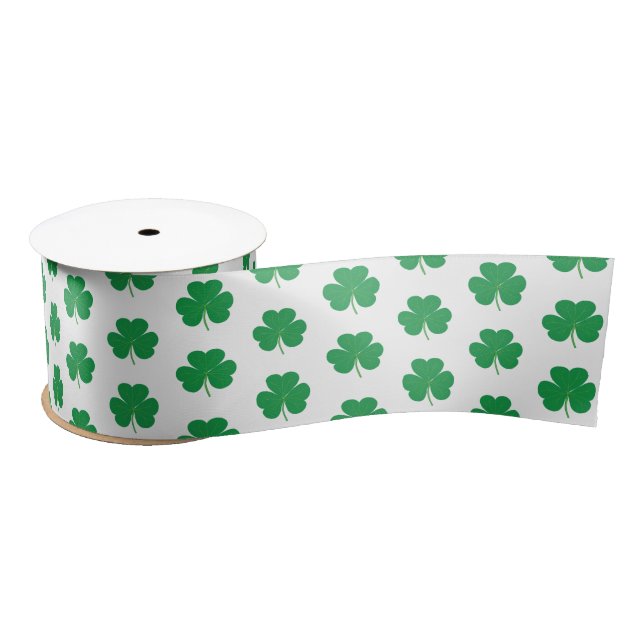 Elegant Irish Shamrock Clover Pattern Green White Satin Ribbon (Spool)