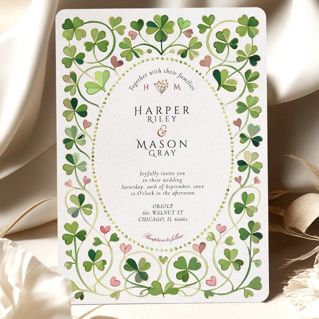 Elegant Irish Shamrock & Hearts Watercolor Wedding Invitation (Creator Uploaded)
