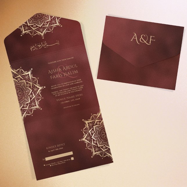 Elegant Islamic Ornate Mandala Burgundy Arabic All In One Invitation (Creator Uploaded)