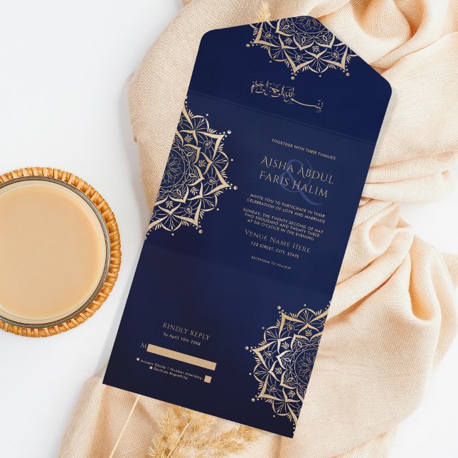 Elegant Islamic Ornate Mandala Navy Gold Arabic All In One Invitation (Creator Uploaded)