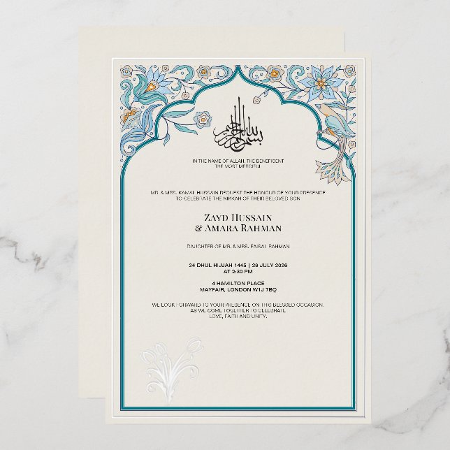 Elegant Islamic Wedding Foil Invitation (Front/Back)