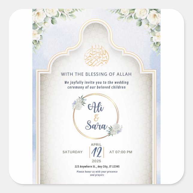 Elegant Islamic Wedding Invitation Muslim Invite  Square Sticker (Front)