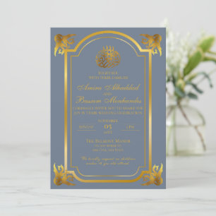 Elegant Islamic Wedding Slate Blue and Gold Invitation