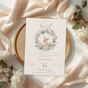Elegant It’s a Girl Baby Shower Floral Deer Invitation