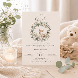 Elegant It’s a Girl Baby Shower Floral Deer Invitation