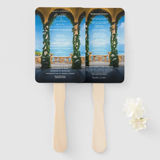 Elegant Italian Arches Lake Como Wedding Hand Fan (Front and Back)