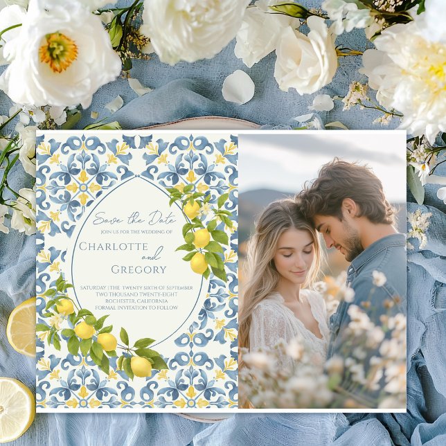 Elegant Italian Blue Tile Lemon Wedding  Announcement Postcard (Creator Uploaded)