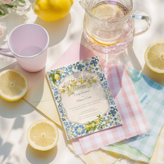 Elegant Italian Blue Tile Lemon Wedding Invitation (Creator Uploaded)