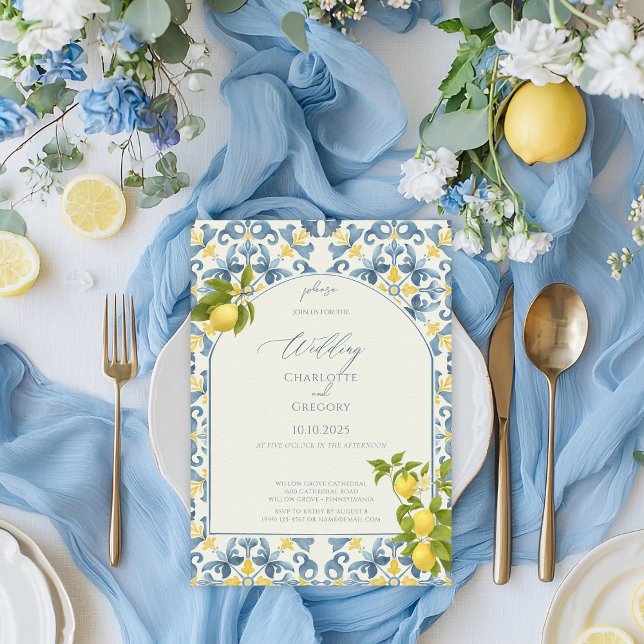 Elegant Italian Blue Tile Lemon Wedding Invitation (Creator Uploaded)
