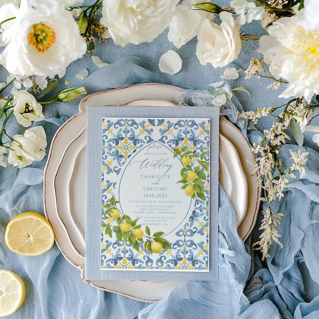 Elegant Italian Blue Tile Lemon Wedding Invitation (Creator Uploaded)