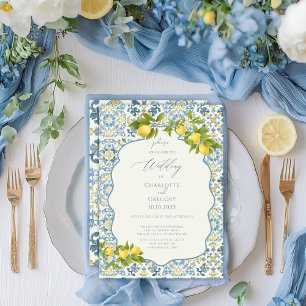 Elegant Italian Blue Tile Lemon Wedding Invitation