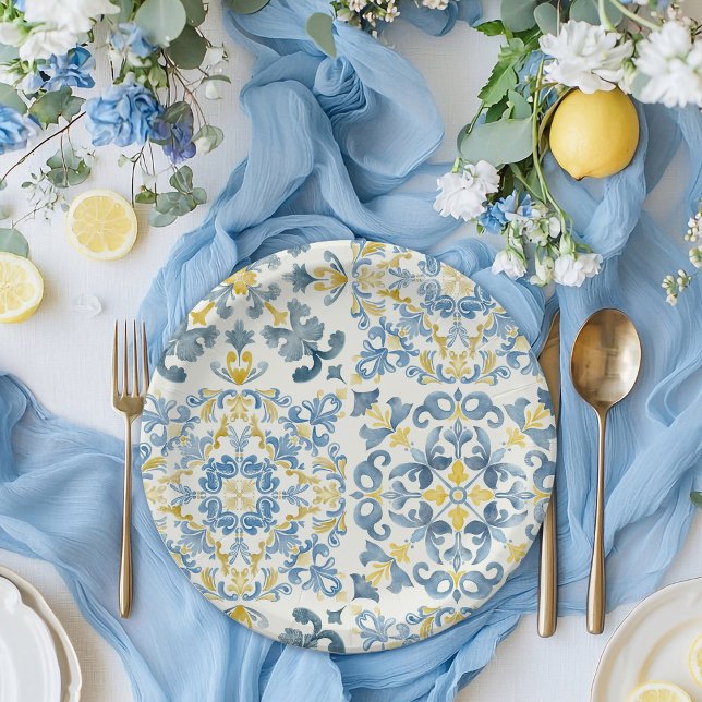 Elegant Italian Blue Tile Lemon Wedding Paper Plate (Creator Uploaded)