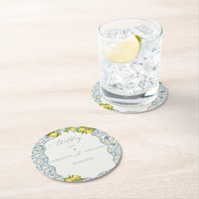 Elegant Italian Blue Tile Lemon Wedding Round Paper Coaster (Insitu)